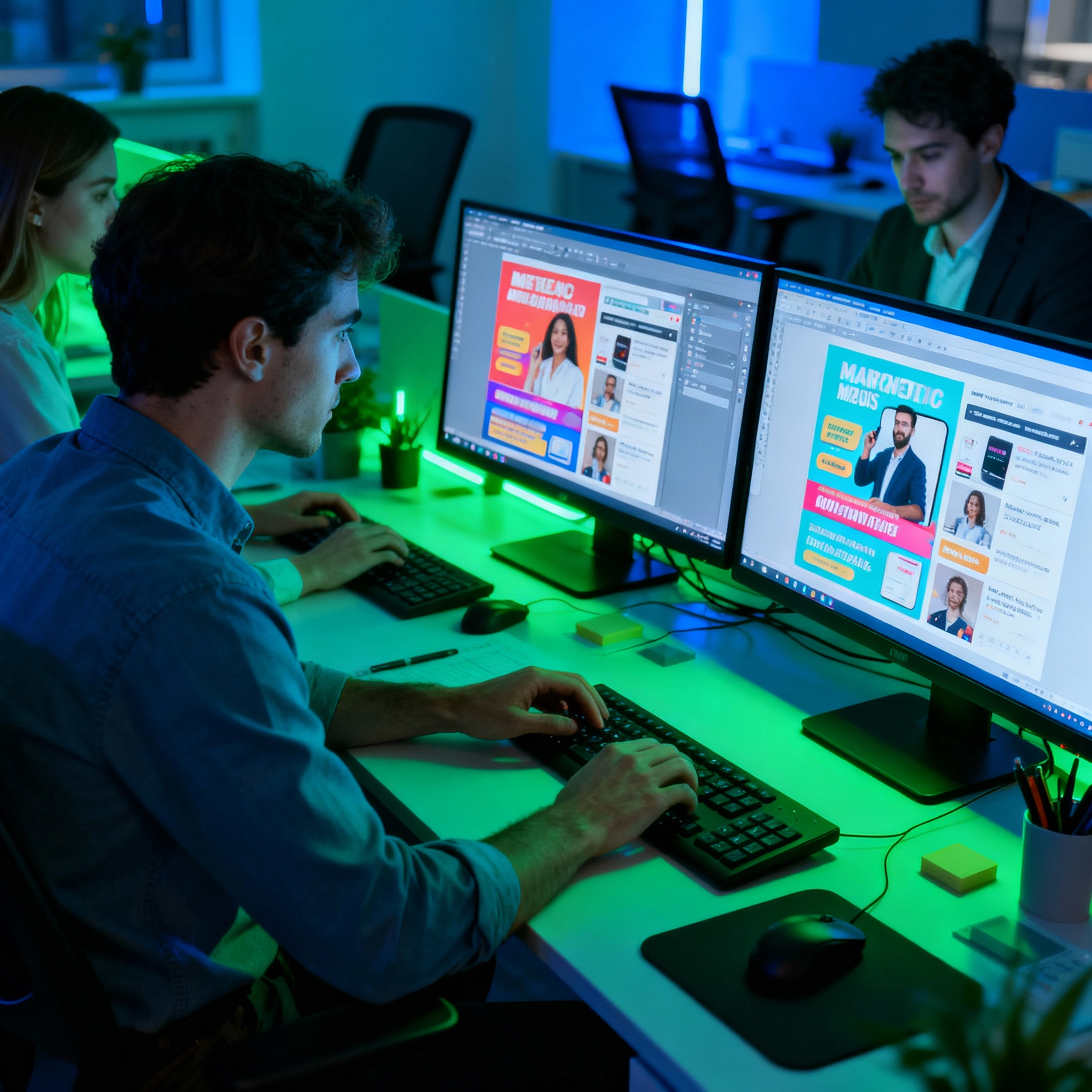 Team planning full-funnel ad strategy on dual monitors