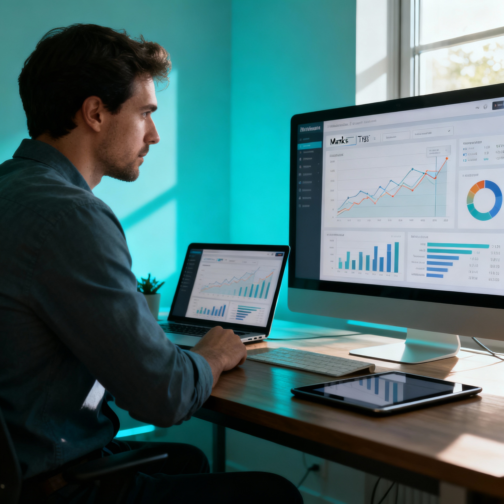 Analyst reviewing market size and trends on dashboard