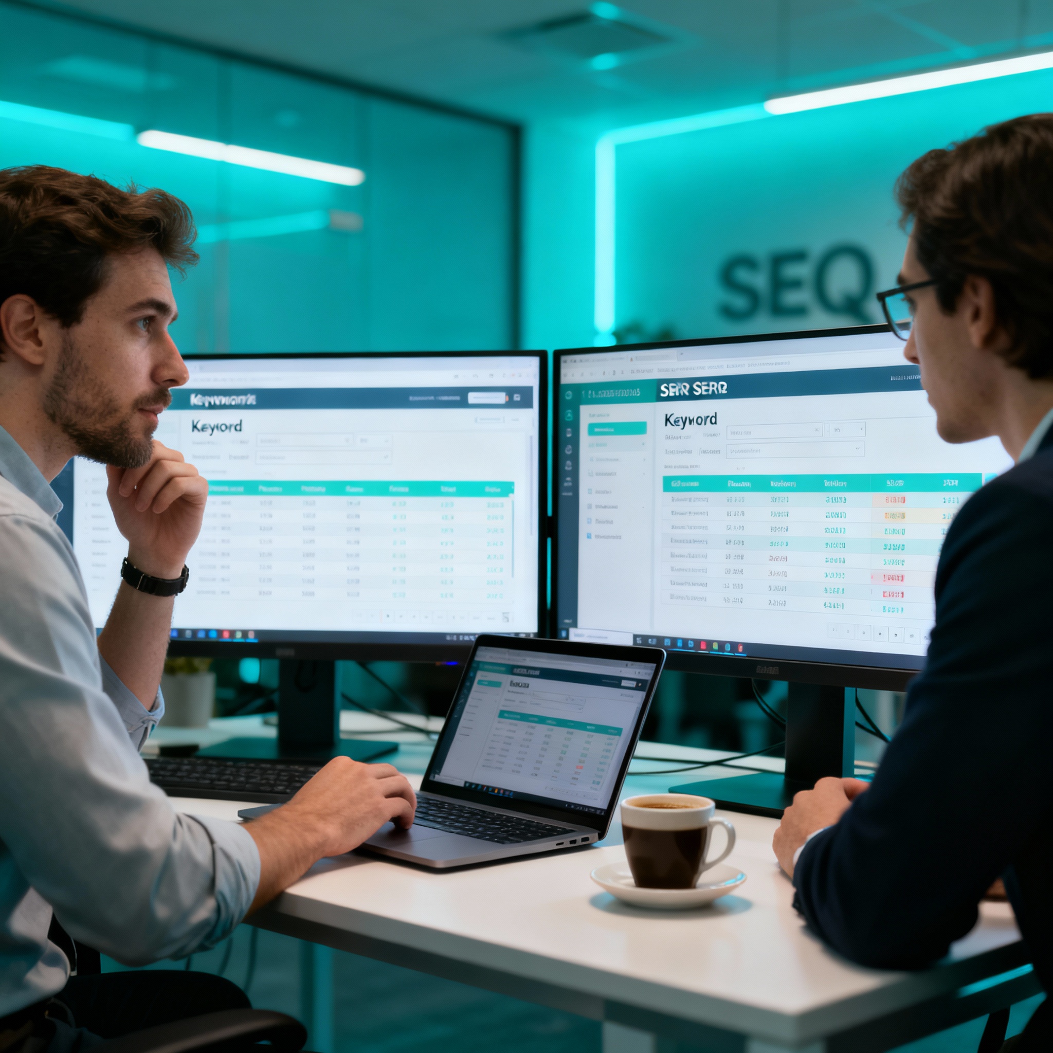 SEO team analyzing keyword research and SERP rankings